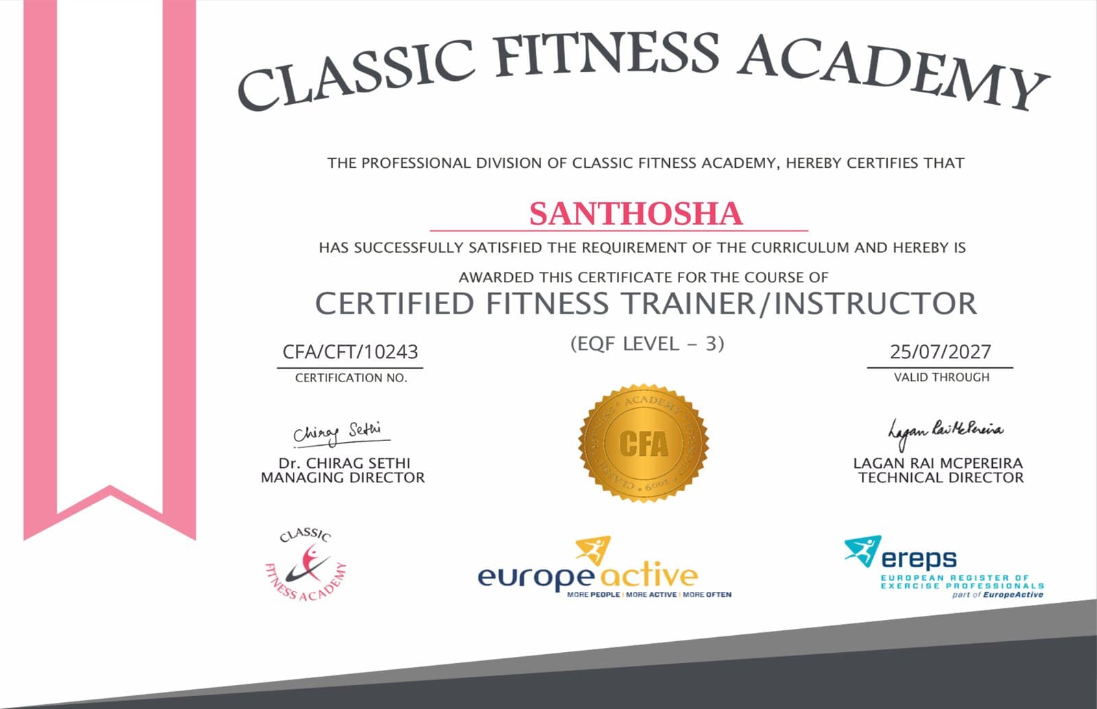 Certified Fitness Trainer / Instructor certificate, Classic Fitness Academy